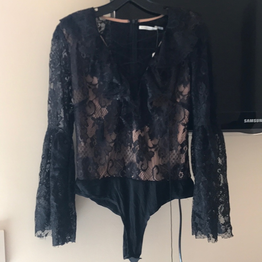 Semi sheer lace and ruffle bodysuit Mustard Seed